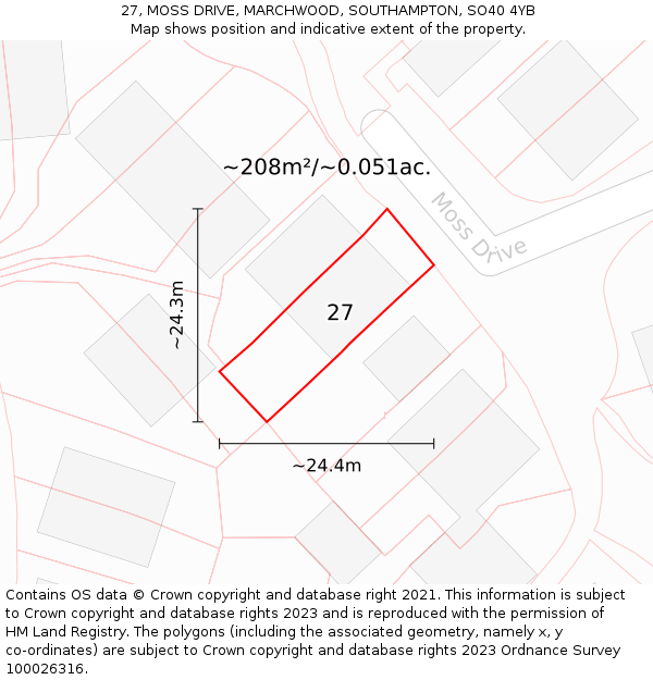 27, MOSS DRIVE, MARCHWOOD, SOUTHAMPTON, SO40 4YB: Plot and title map