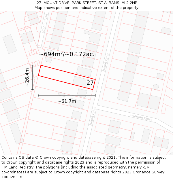 27, MOUNT DRIVE, PARK STREET, ST ALBANS, AL2 2NP: Plot and title map