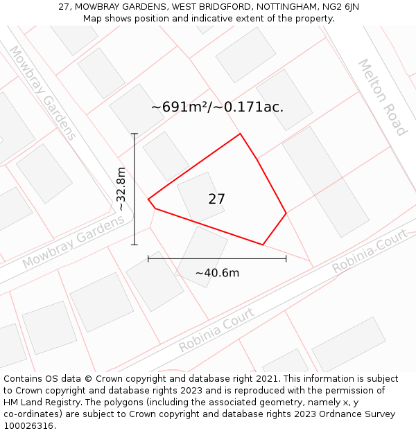 27, MOWBRAY GARDENS, WEST BRIDGFORD, NOTTINGHAM, NG2 6JN: Plot and title map