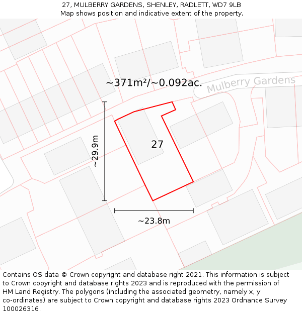 27, MULBERRY GARDENS, SHENLEY, RADLETT, WD7 9LB: Plot and title map