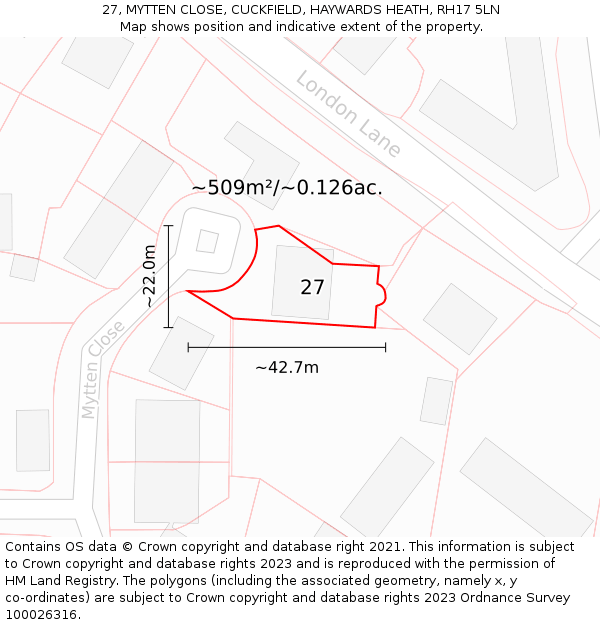 27, MYTTEN CLOSE, CUCKFIELD, HAYWARDS HEATH, RH17 5LN: Plot and title map