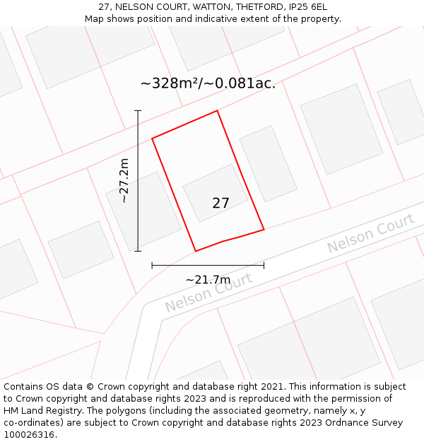 27, NELSON COURT, WATTON, THETFORD, IP25 6EL: Plot and title map