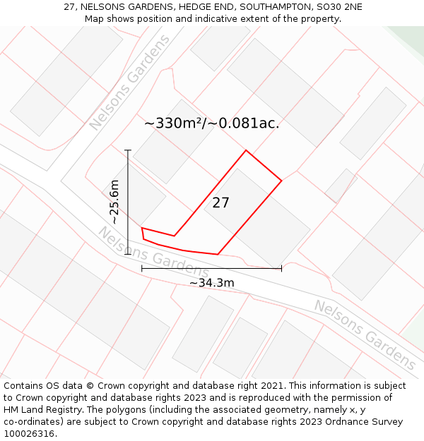 27, NELSONS GARDENS, HEDGE END, SOUTHAMPTON, SO30 2NE: Plot and title map