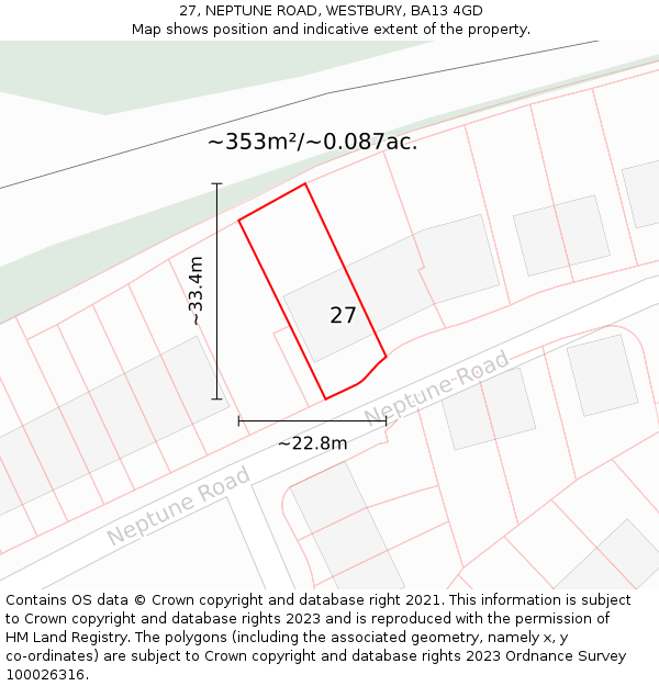 27, NEPTUNE ROAD, WESTBURY, BA13 4GD: Plot and title map