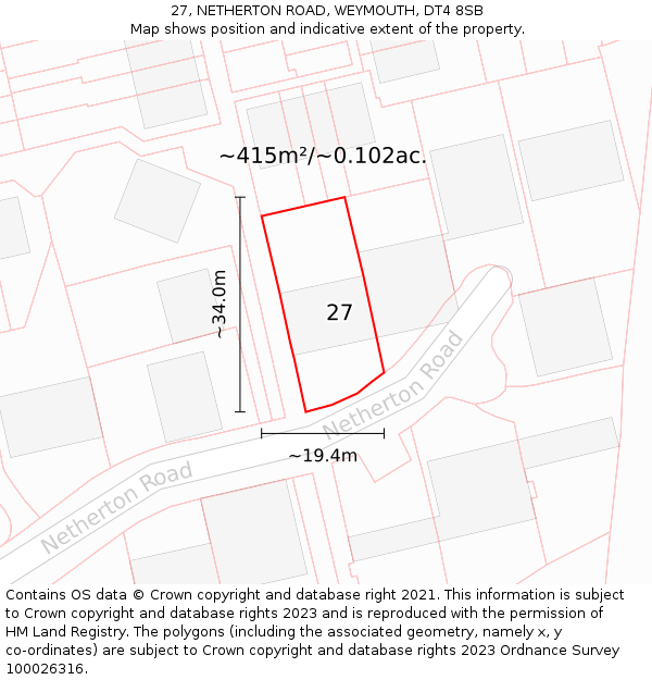 27, NETHERTON ROAD, WEYMOUTH, DT4 8SB: Plot and title map