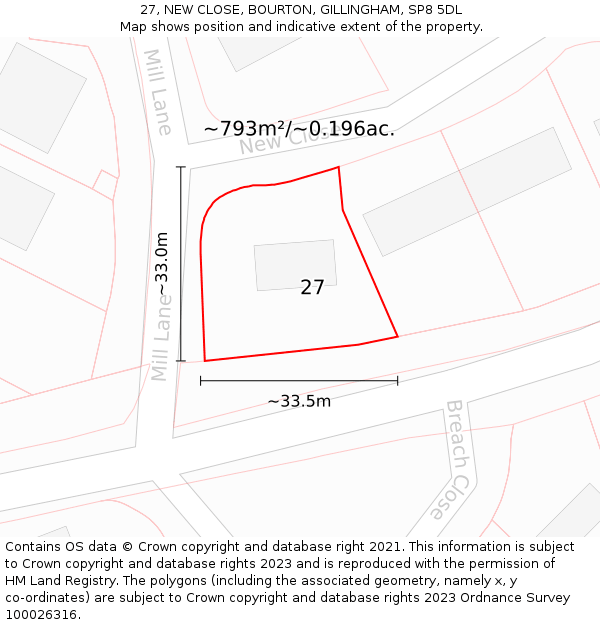 27, NEW CLOSE, BOURTON, GILLINGHAM, SP8 5DL: Plot and title map