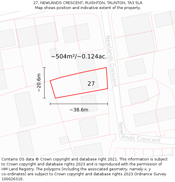 27, NEWLANDS CRESCENT, RUISHTON, TAUNTON, TA3 5LA: Plot and title map