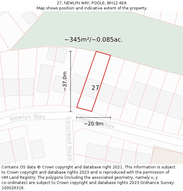 27, NEWLYN WAY, POOLE, BH12 4EA: Plot and title map