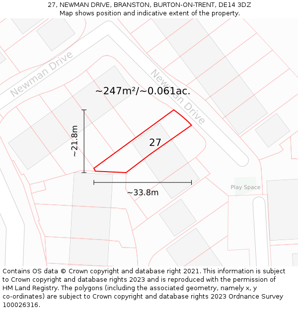 27, NEWMAN DRIVE, BRANSTON, BURTON-ON-TRENT, DE14 3DZ: Plot and title map