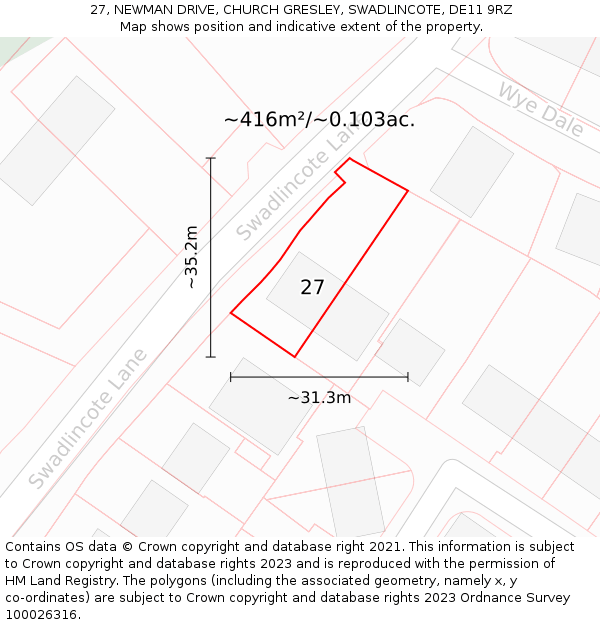 27, NEWMAN DRIVE, CHURCH GRESLEY, SWADLINCOTE, DE11 9RZ: Plot and title map