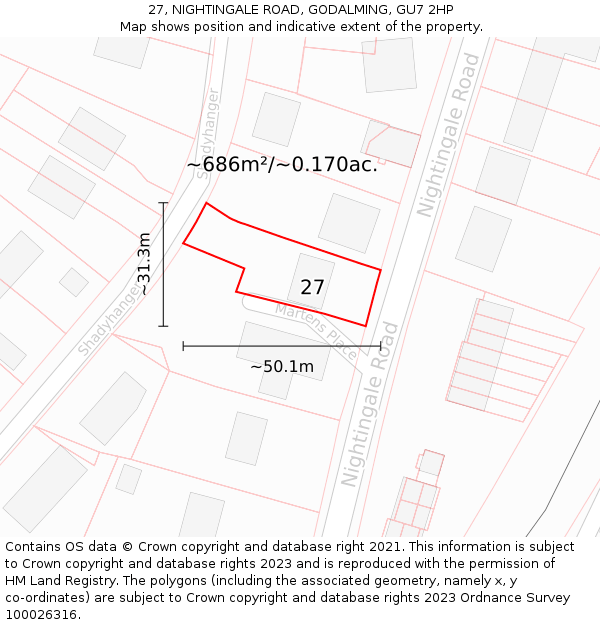 27, NIGHTINGALE ROAD, GODALMING, GU7 2HP: Plot and title map