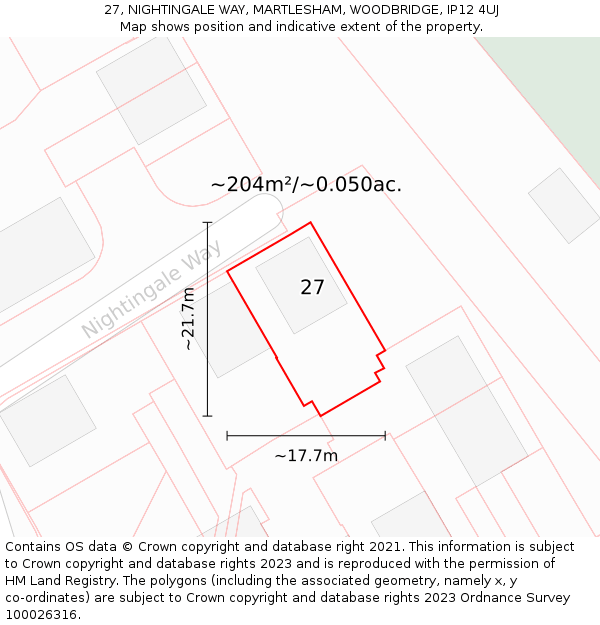 27, NIGHTINGALE WAY, MARTLESHAM, WOODBRIDGE, IP12 4UJ: Plot and title map