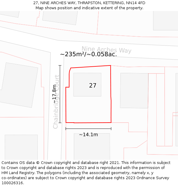 27, NINE ARCHES WAY, THRAPSTON, KETTERING, NN14 4FD: Plot and title map