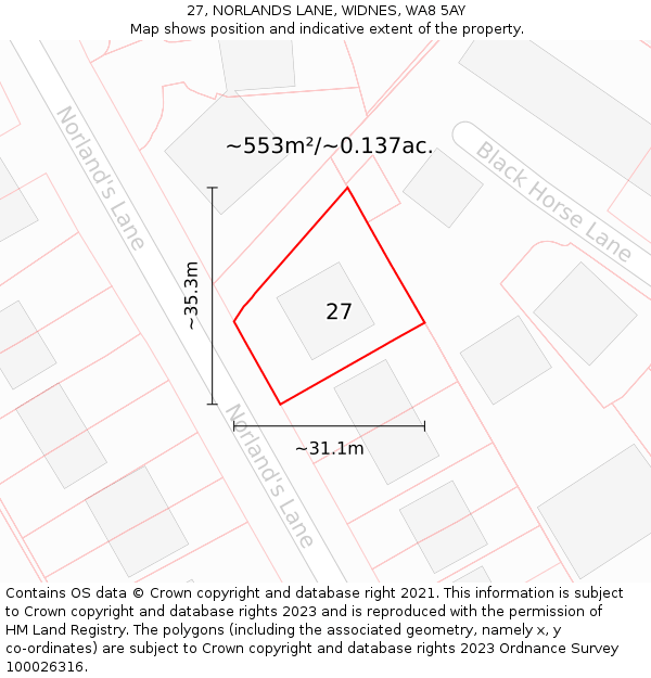 27, NORLANDS LANE, WIDNES, WA8 5AY: Plot and title map