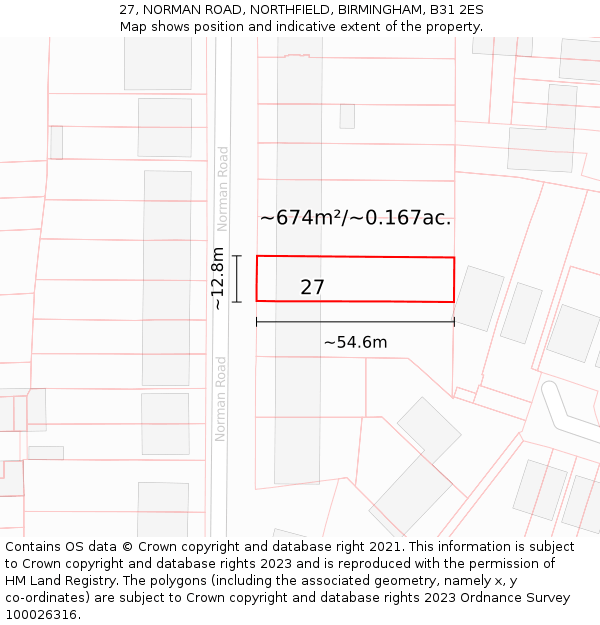 27, NORMAN ROAD, NORTHFIELD, BIRMINGHAM, B31 2ES: Plot and title map