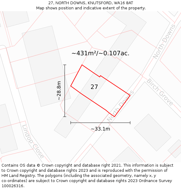 27, NORTH DOWNS, KNUTSFORD, WA16 8AT: Plot and title map