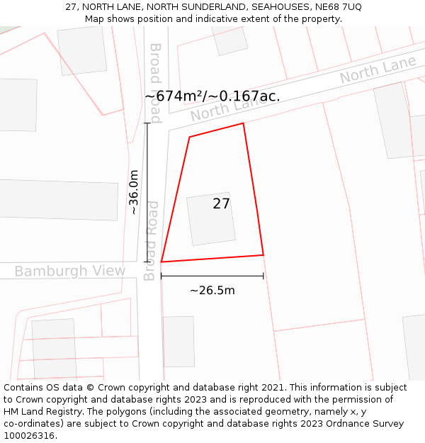 27, NORTH LANE, NORTH SUNDERLAND, SEAHOUSES, NE68 7UQ: Plot and title map