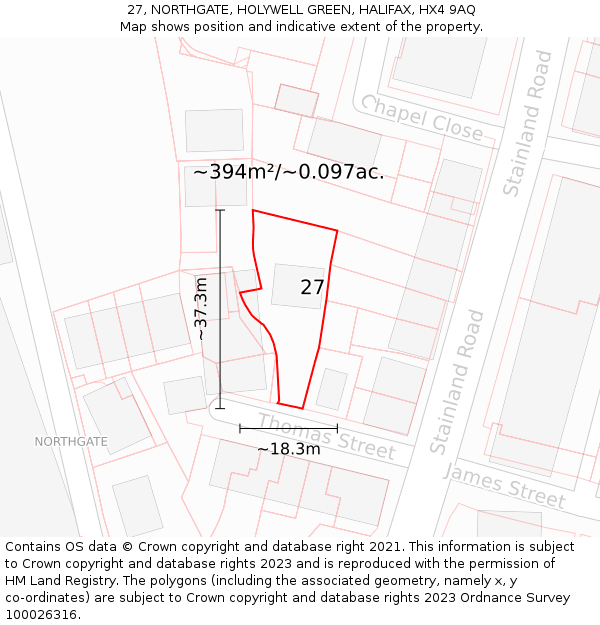 27, NORTHGATE, HOLYWELL GREEN, HALIFAX, HX4 9AQ: Plot and title map