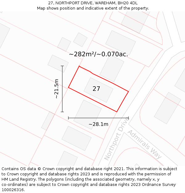 27, NORTHPORT DRIVE, WAREHAM, BH20 4DL: Plot and title map