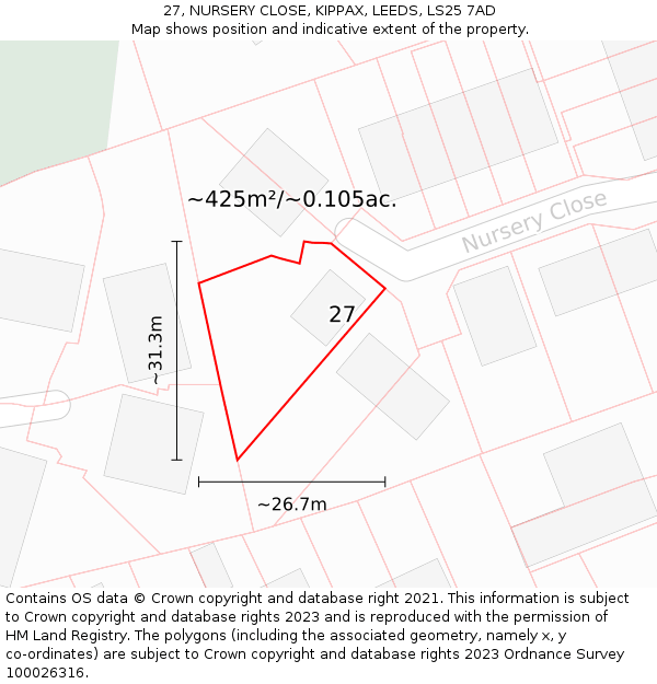 27, NURSERY CLOSE, KIPPAX, LEEDS, LS25 7AD: Plot and title map