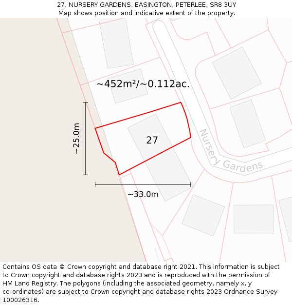 27, NURSERY GARDENS, EASINGTON, PETERLEE, SR8 3UY: Plot and title map