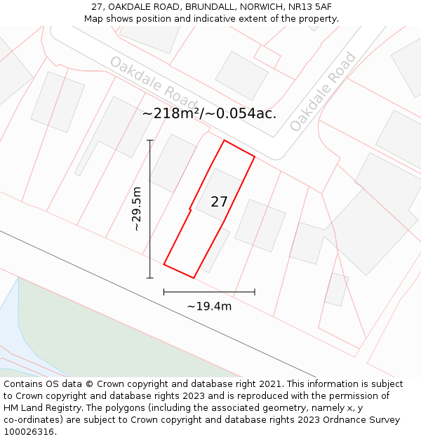 27, OAKDALE ROAD, BRUNDALL, NORWICH, NR13 5AF: Plot and title map