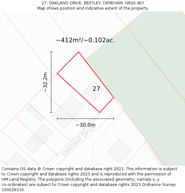 27, OAKLAND DRIVE, BEETLEY, DEREHAM, NR20 4EY: Plot and title map
