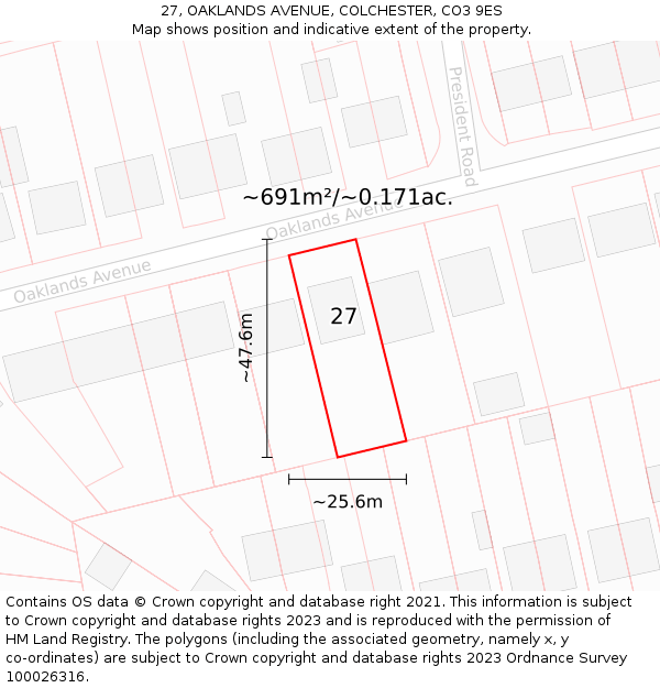 27, OAKLANDS AVENUE, COLCHESTER, CO3 9ES: Plot and title map