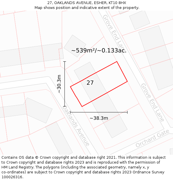 27, OAKLANDS AVENUE, ESHER, KT10 8HX: Plot and title map