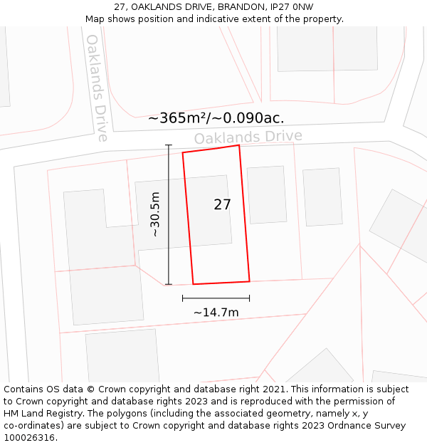 27, OAKLANDS DRIVE, BRANDON, IP27 0NW: Plot and title map