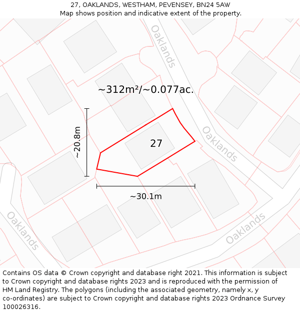 27, OAKLANDS, WESTHAM, PEVENSEY, BN24 5AW: Plot and title map