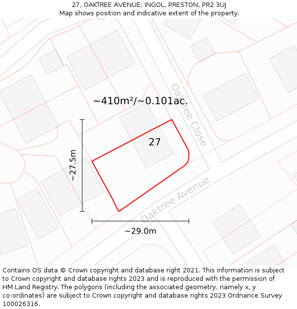 27, OAKTREE AVENUE, INGOL, PRESTON, PR2 3UJ: Plot and title map