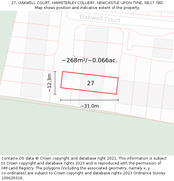 27, OAKWELL COURT, HAMSTERLEY COLLIERY, NEWCASTLE UPON TYNE, NE17 7BD: Plot and title map