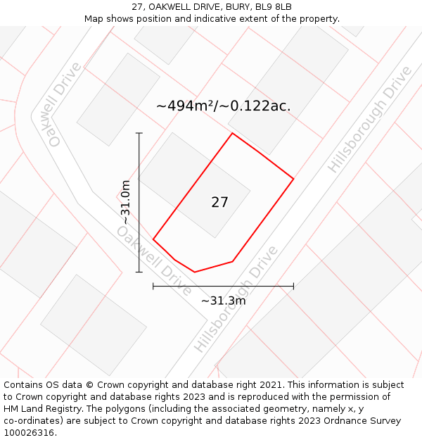 27, OAKWELL DRIVE, BURY, BL9 8LB: Plot and title map