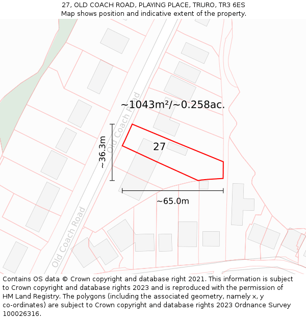 27, OLD COACH ROAD, PLAYING PLACE, TRURO, TR3 6ES: Plot and title map