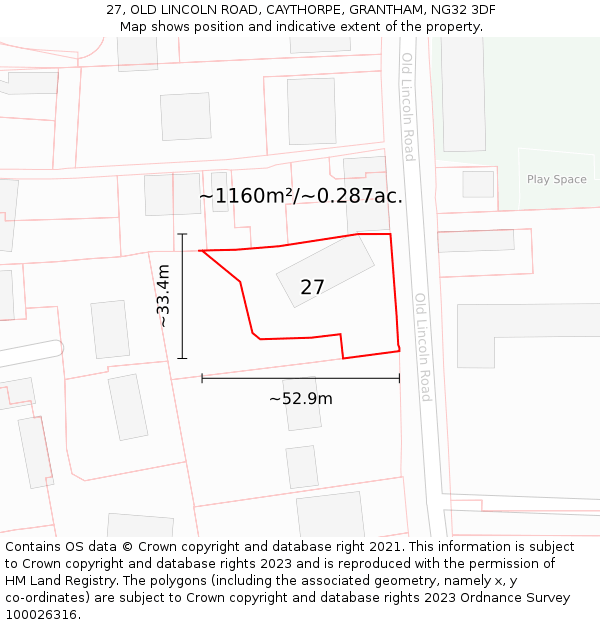 27, OLD LINCOLN ROAD, CAYTHORPE, GRANTHAM, NG32 3DF: Plot and title map