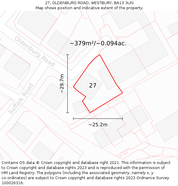 27, OLDENBURG ROAD, WESTBURY, BA13 3UN: Plot and title map