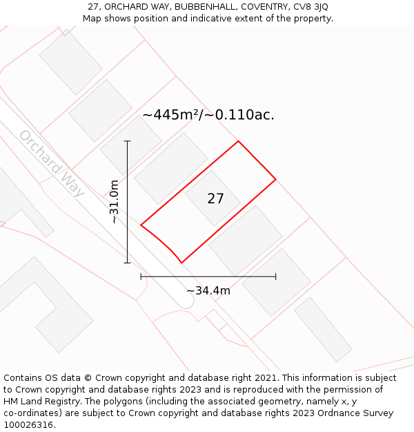 27, ORCHARD WAY, BUBBENHALL, COVENTRY, CV8 3JQ: Plot and title map