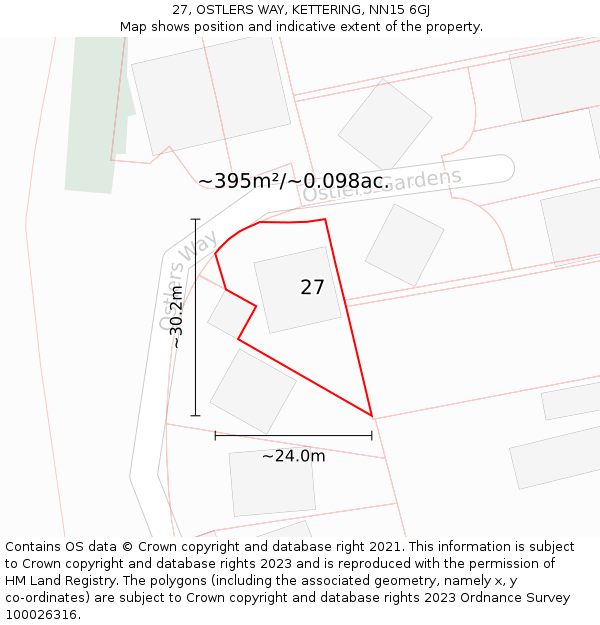 27, OSTLERS WAY, KETTERING, NN15 6GJ: Plot and title map