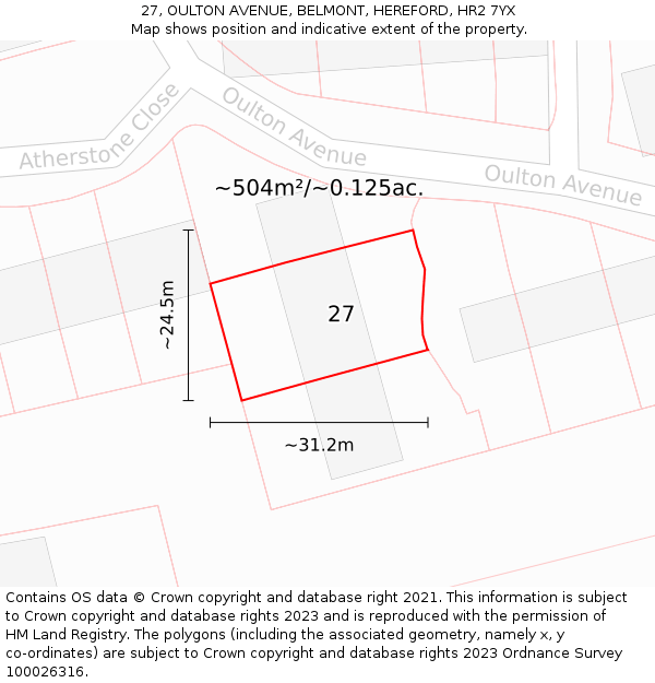 27, OULTON AVENUE, BELMONT, HEREFORD, HR2 7YX: Plot and title map
