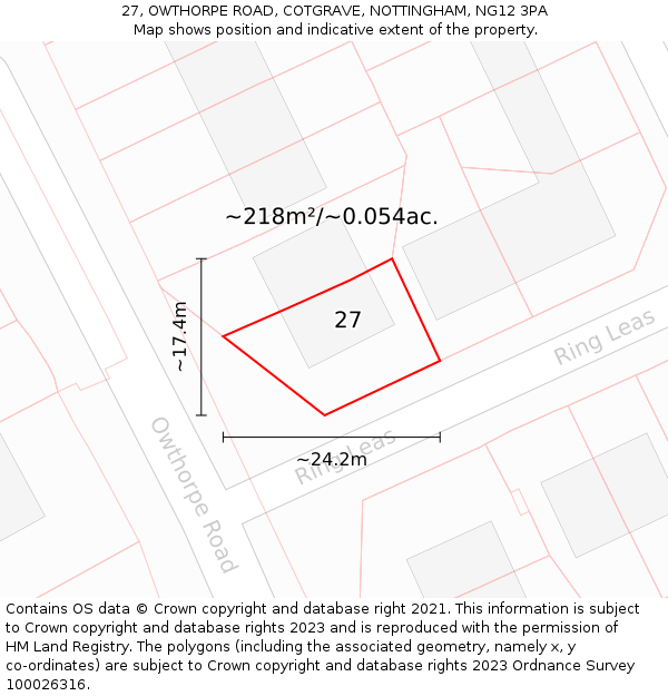 27, OWTHORPE ROAD, COTGRAVE, NOTTINGHAM, NG12 3PA: Plot and title map