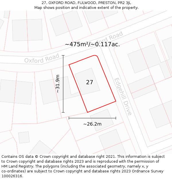 27, OXFORD ROAD, FULWOOD, PRESTON, PR2 3JL: Plot and title map