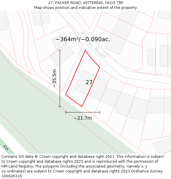 27, PACKER ROAD, KETTERING, NN15 7RP: Plot and title map