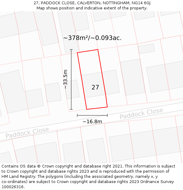 27, PADDOCK CLOSE, CALVERTON, NOTTINGHAM, NG14 6GJ: Plot and title map
