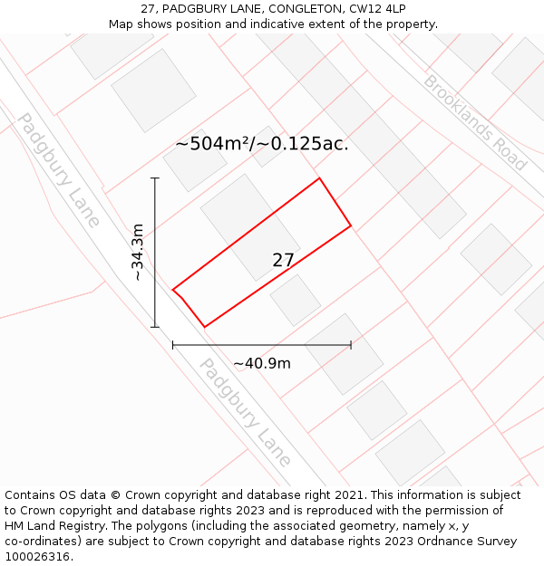 27, PADGBURY LANE, CONGLETON, CW12 4LP: Plot and title map