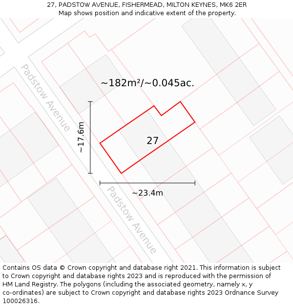 27, PADSTOW AVENUE, FISHERMEAD, MILTON KEYNES, MK6 2ER: Plot and title map