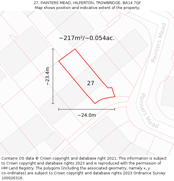 27, PAINTERS MEAD, HILPERTON, TROWBRIDGE, BA14 7QF: Plot and title map