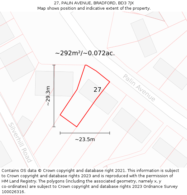 27, PALIN AVENUE, BRADFORD, BD3 7JX: Plot and title map