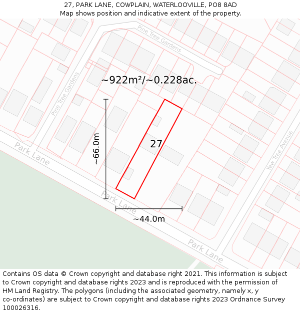 27, PARK LANE, COWPLAIN, WATERLOOVILLE, PO8 8AD: Plot and title map