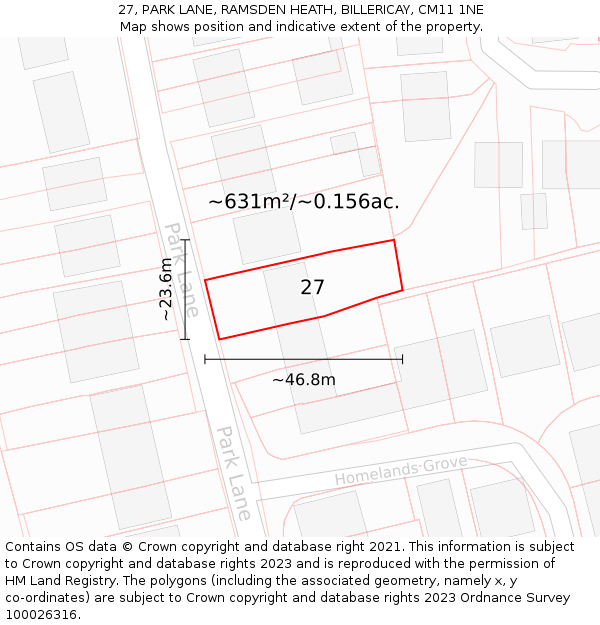 27, PARK LANE, RAMSDEN HEATH, BILLERICAY, CM11 1NE: Plot and title map